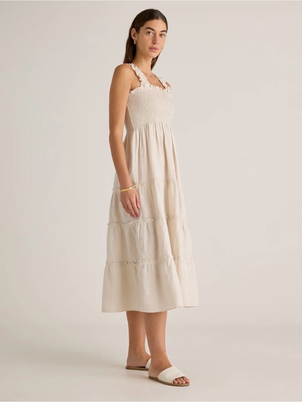 Quince 100% European Linen Smocked Midi Dress in Sand Color